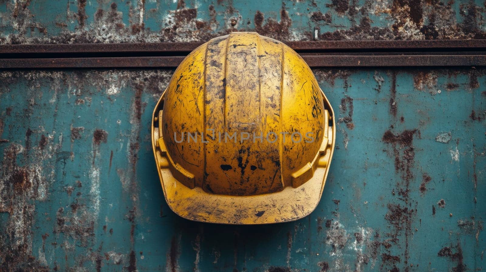 A dirty yellow hard hat rests against a weathered teal backdrop reflecting the wear and tear of construction work.