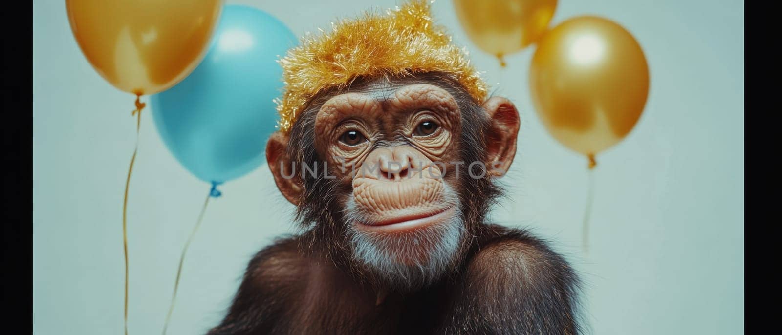 A playful monkey wearing a glittery hat is surrounded by bright balloons creating a festive atmosphere perfect for celebration.