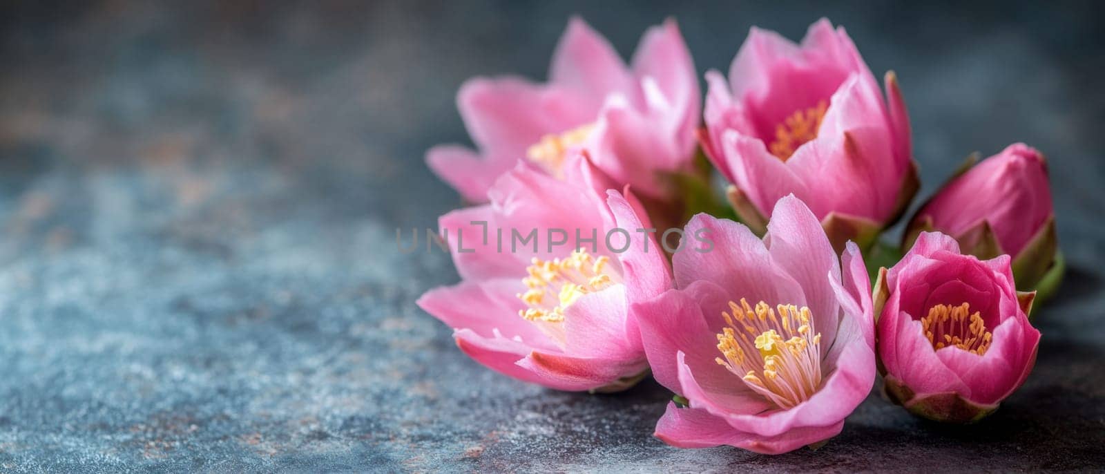 A cluster of delicate pink flowers with vibrant yellow centers is showcased against a textured dark surface adding elegance to the setting.