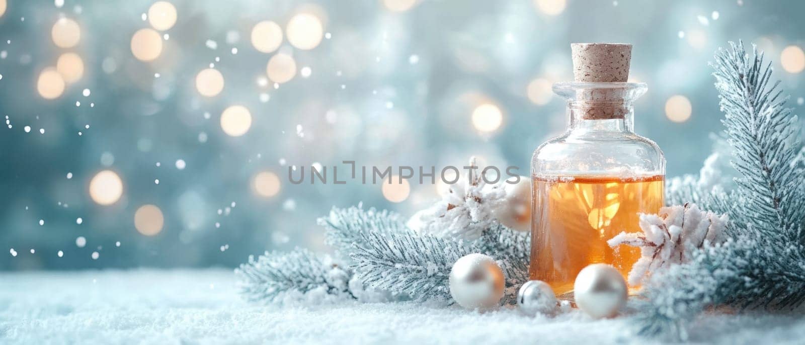 A decorative bottle filled with essential oil sits on a snowy surface surrounded by pine branches and festive ornaments during winter.