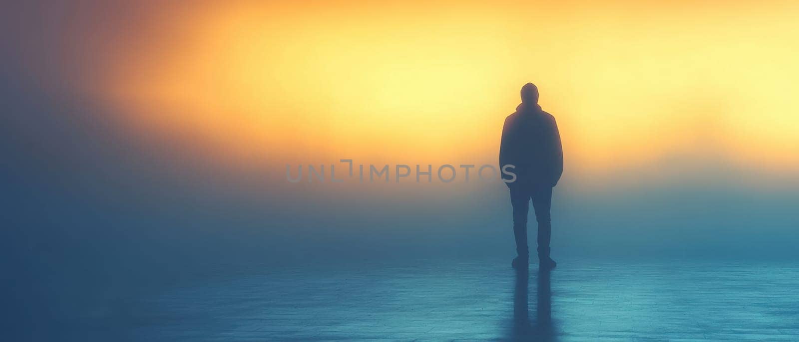 A solitary figure stands against a backdrop of vibrant colors immersed in fog at dawn creating a serene and reflective atmosphere.