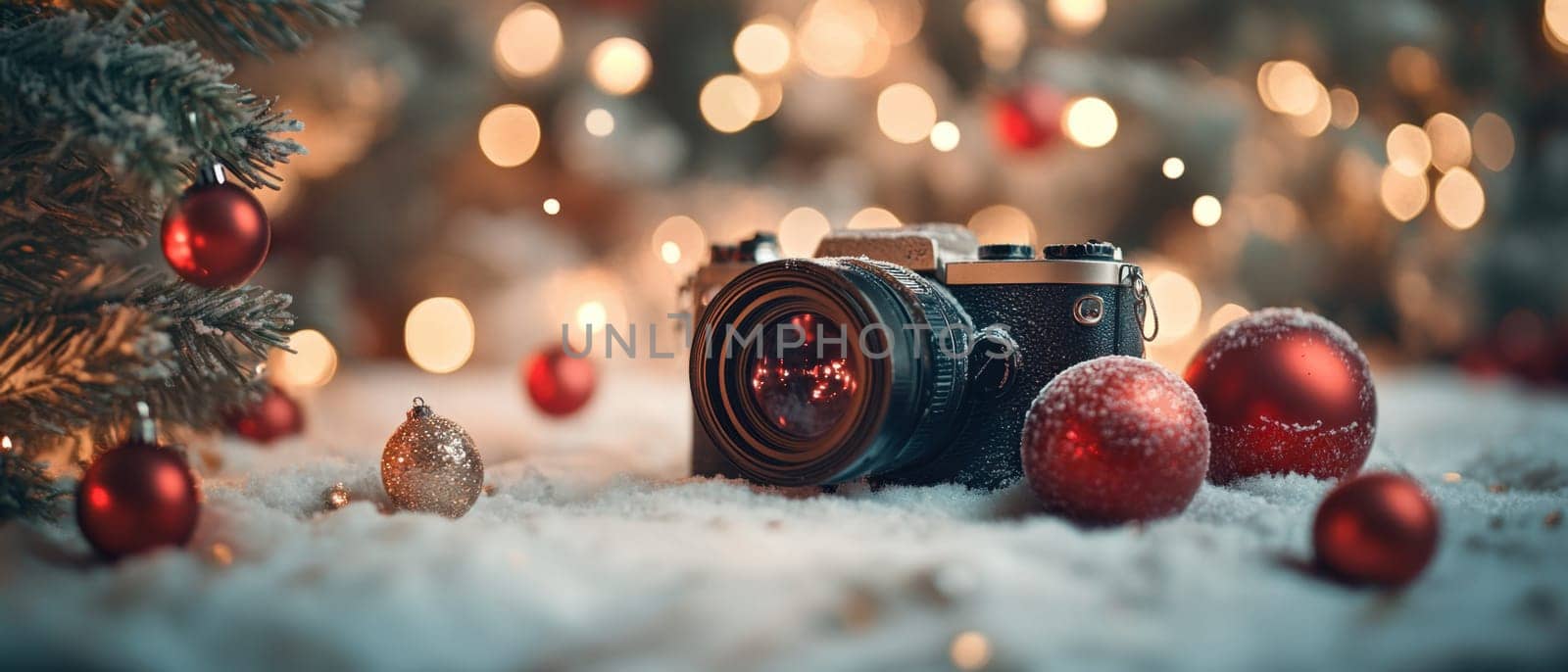 A vintage camera rests on a snowy surface surrounded by ornaments and twinkling lights capturing the spirit of the holiday season.