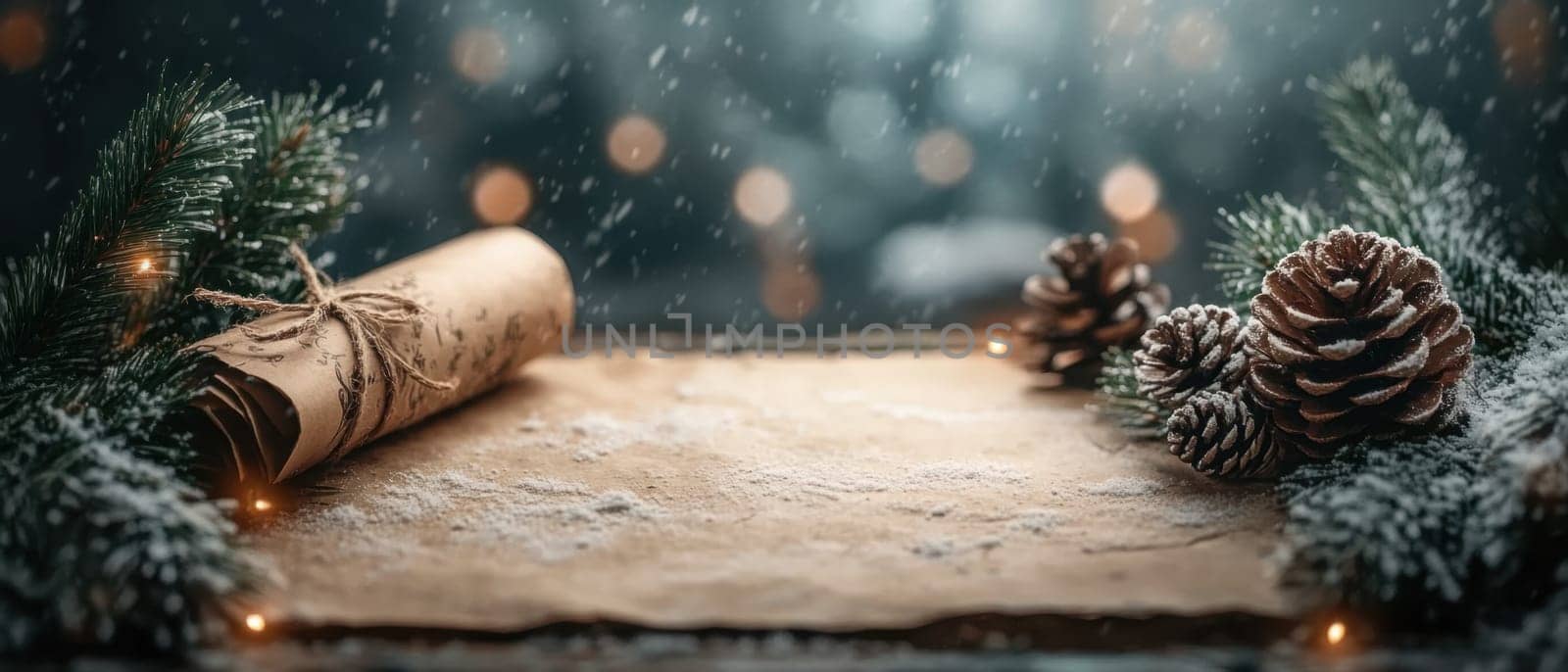 A charming workspace adorned with pine cones and greenery ready for holiday craft projects amidst gentle snowfall.