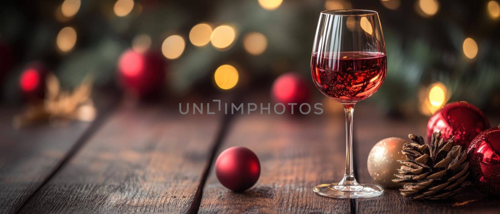 A glass of red wine sits on a wooden table surrounded by festive decorations creating a warm inviting atmosphere for the holidays.