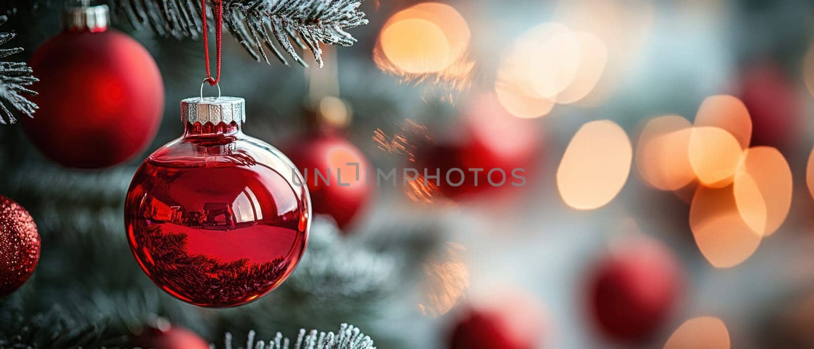 Decorative red ornaments dangle from a Christmas tree creating a festive atmosphere with soft glowing lights in the background.