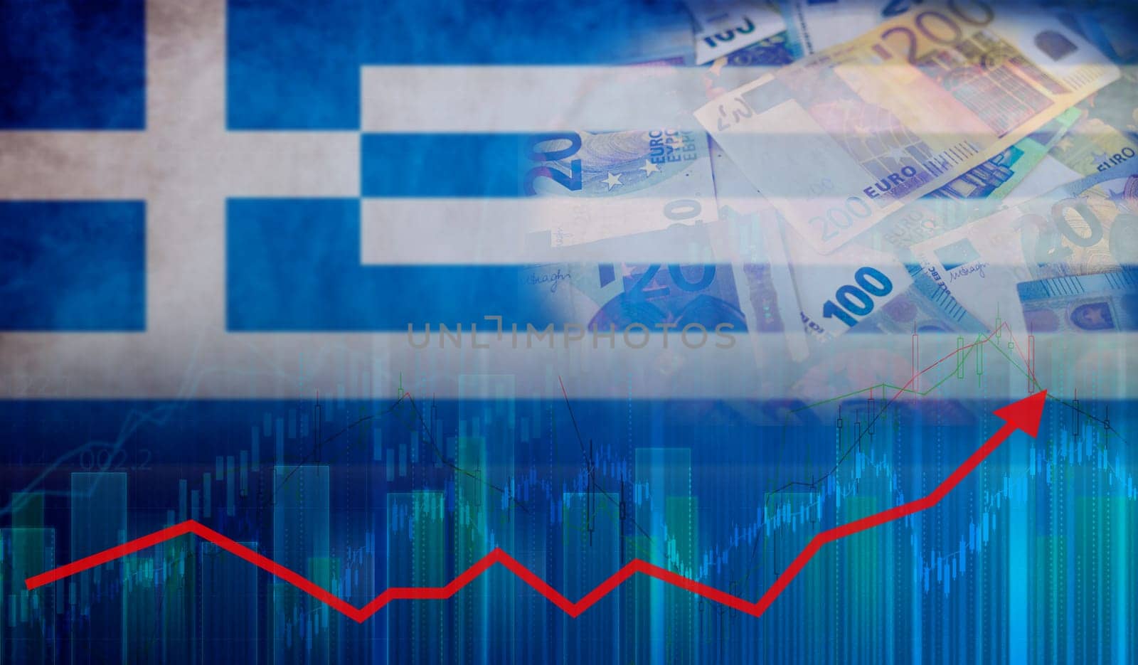 Greece economy growth on financial graph. Financial graph of Greek economic recovery