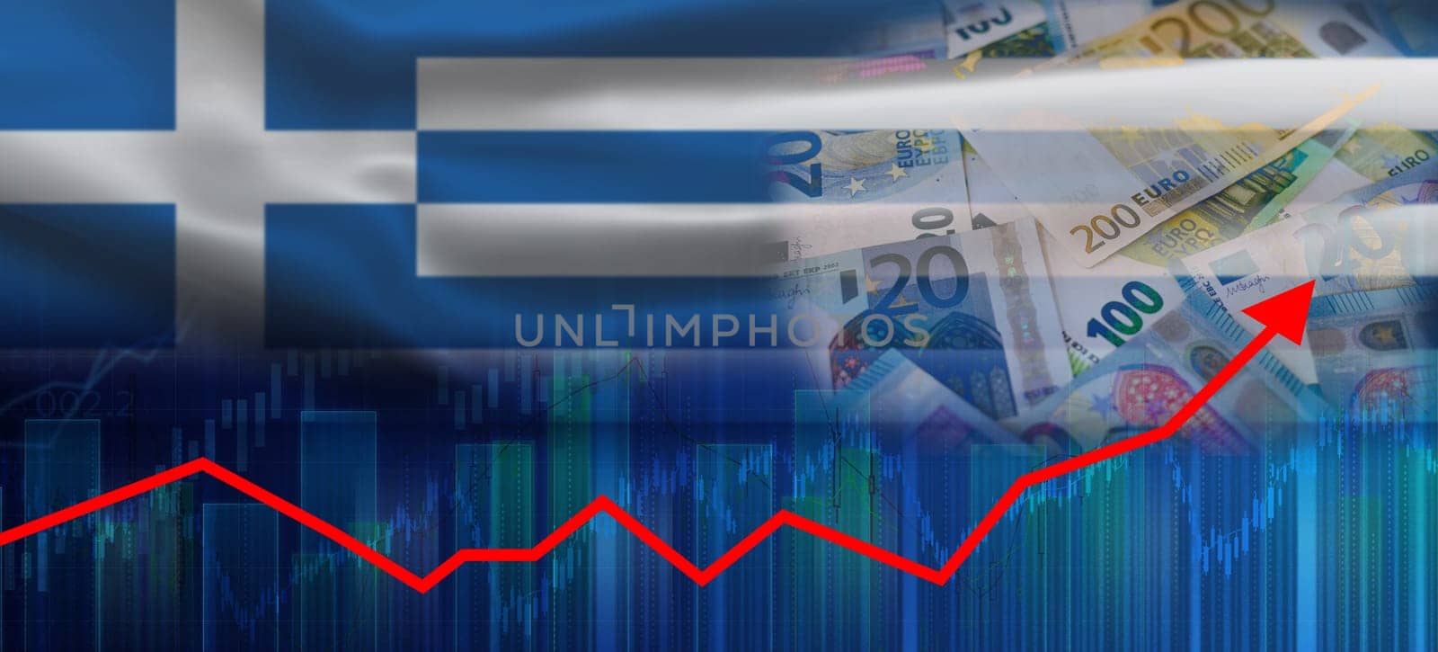 Financial graph of Greek economic recovery. Greece economy growth on financial graph