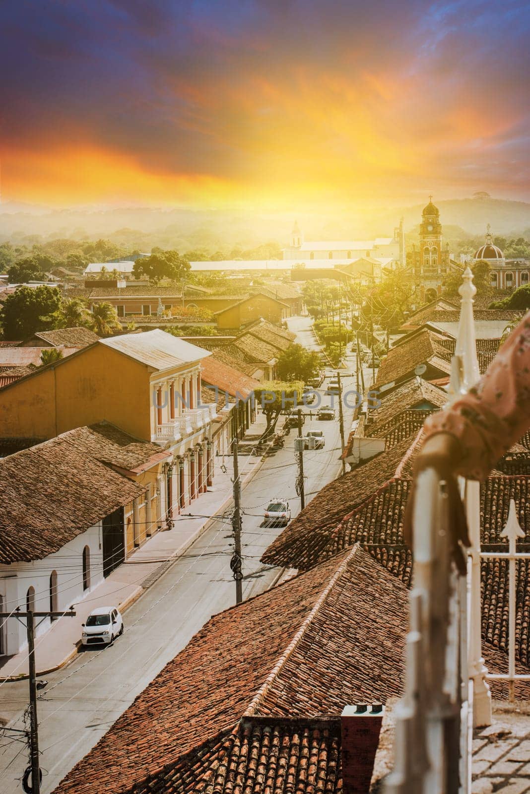 Urban view of the city of Granada Nicaragua at sunset. Beautiful cityscape of a small town at sunset