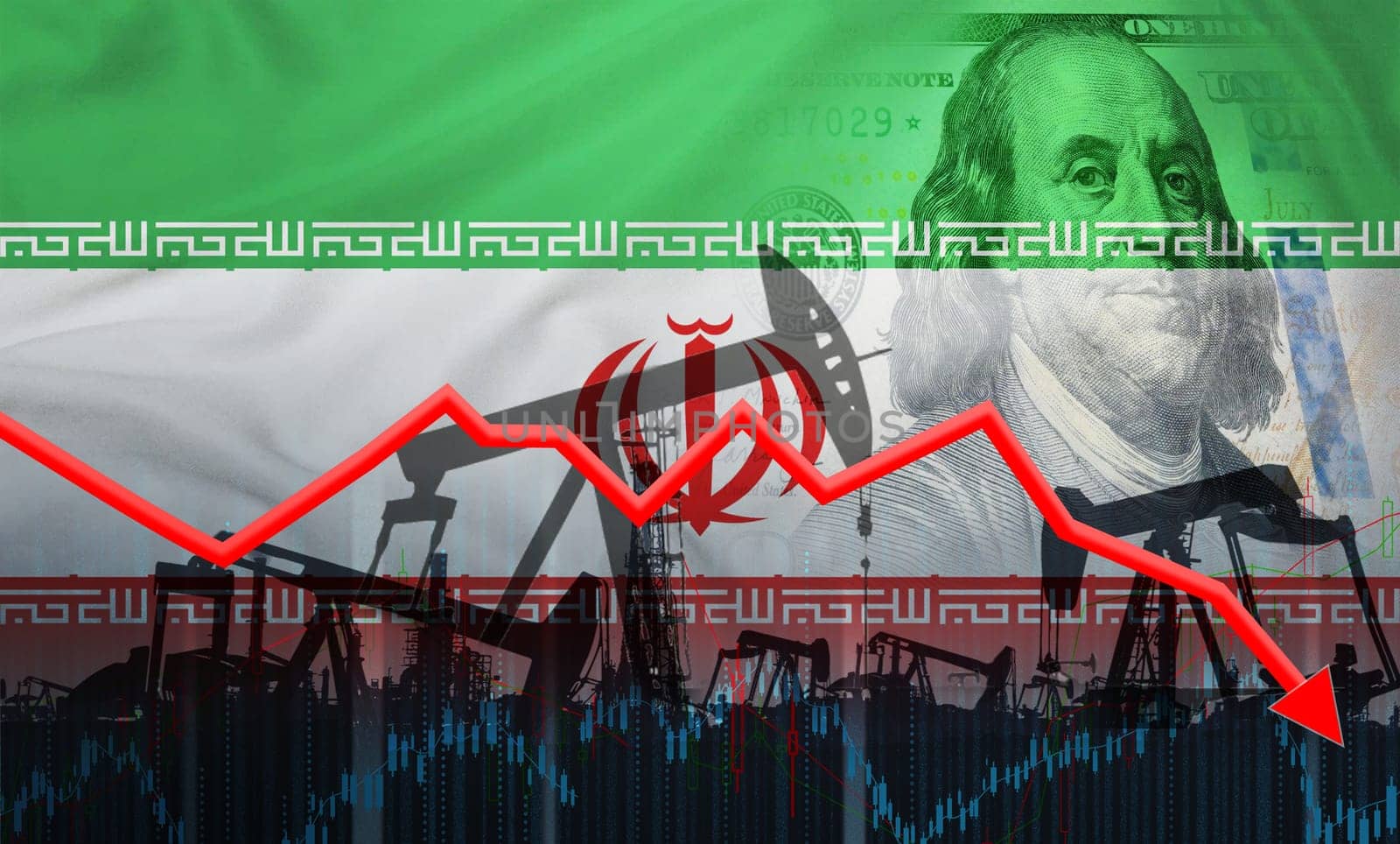 Crisis and decline in oil production with Iranian flag on financial graph. Fall in the price of oil with the Iranian flag