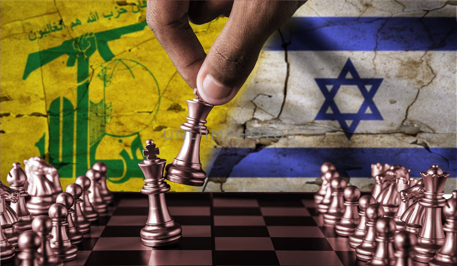 Israel vs Hezbollah flag concept on chessboard. War between Hezbollah and Israel. Conflict between Hezbollah and Israel on pieces of chessboard