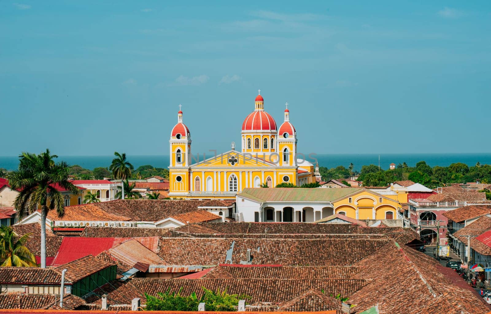 Beautiful colonial cathedral of Granada seen from the viewpoint of the La Merced church