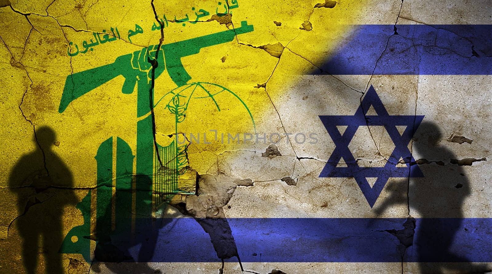 Israel vs Hezbollah flag on cracked wall. Conflict between Hezbollah and Israel concept. Political tension between Hezbollah and Israel