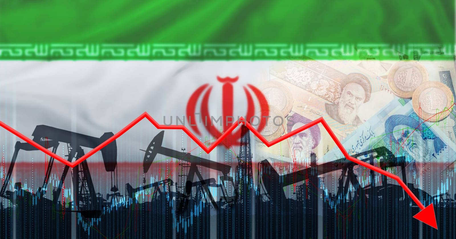 Fall in the price of oil with the Iranian flag. Crisis and decline in oil production with Iranian flag on financial graph