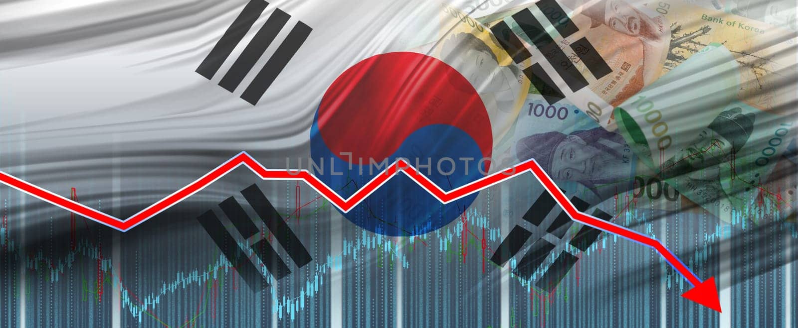 South Korea financial crisis on economic graph, economic collapse. South Korean economic crisis graph, financial fall
