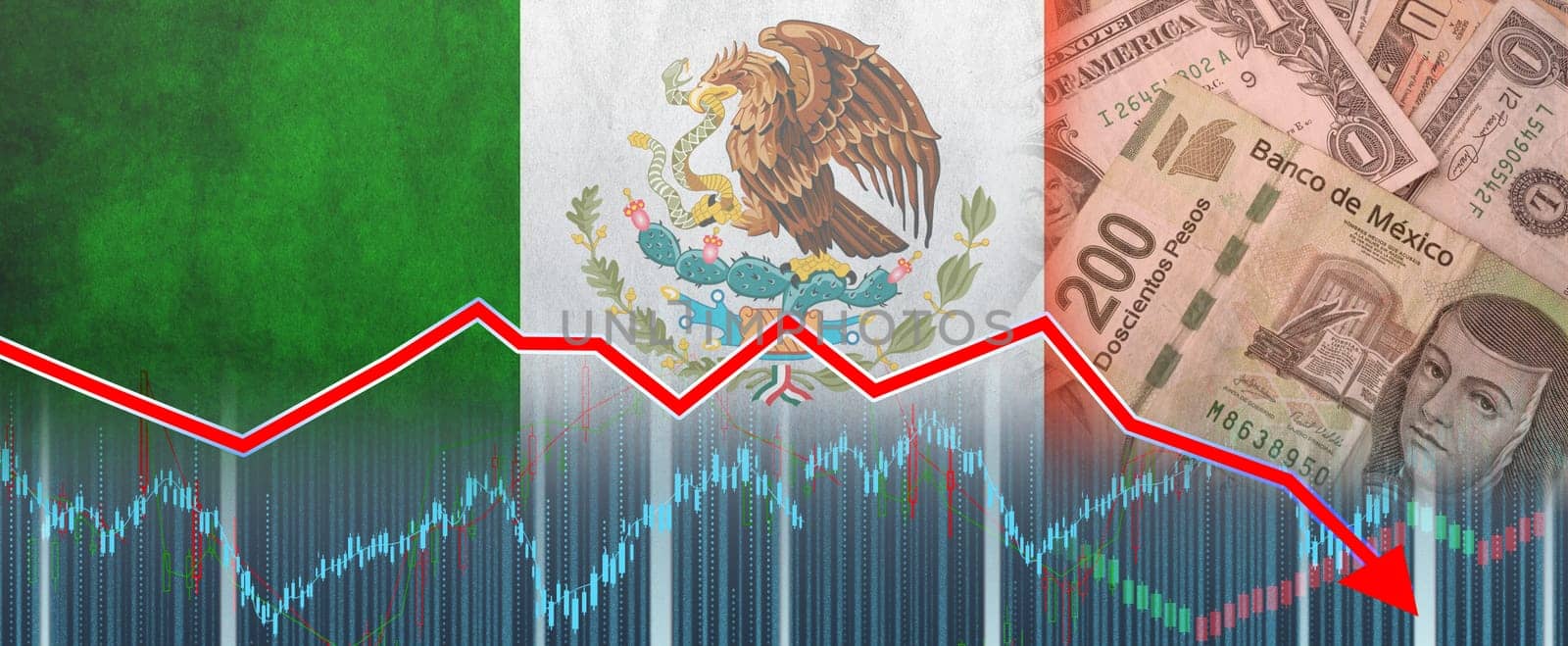 Mexico financial crisis on economic graph, economic collapse. Mexican economic crisis graph, financial crash