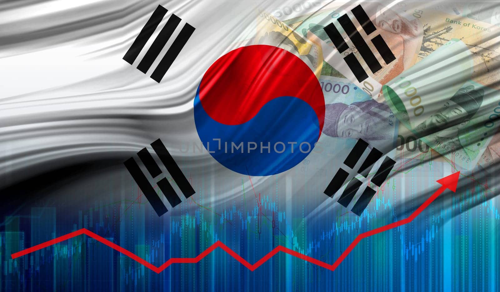 South Korea economy growth on financial graph. Financial graph of South Korean economic recovery