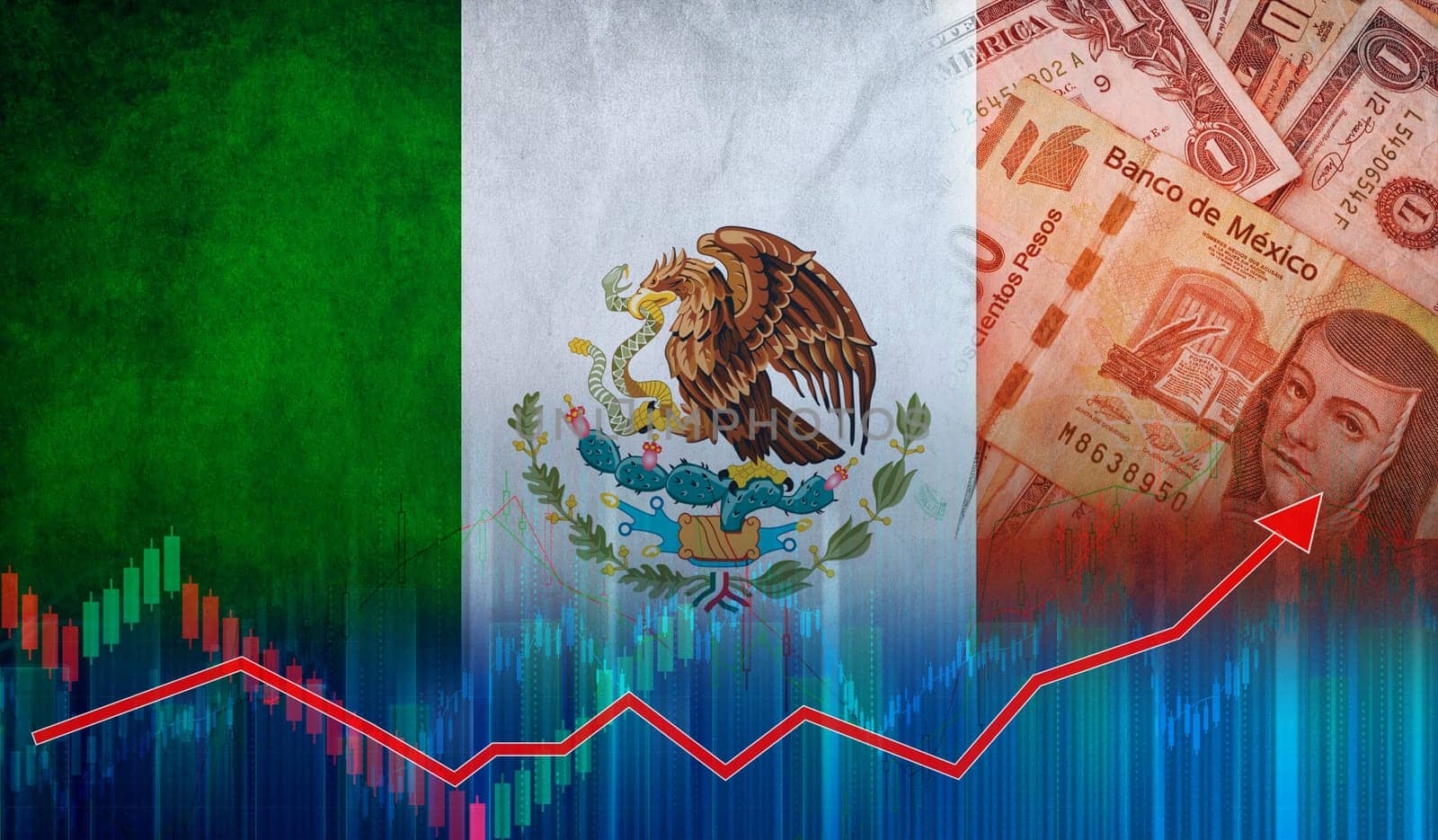 Mexico economy growth on financial graph. Financial graph of Mexican economic recovery