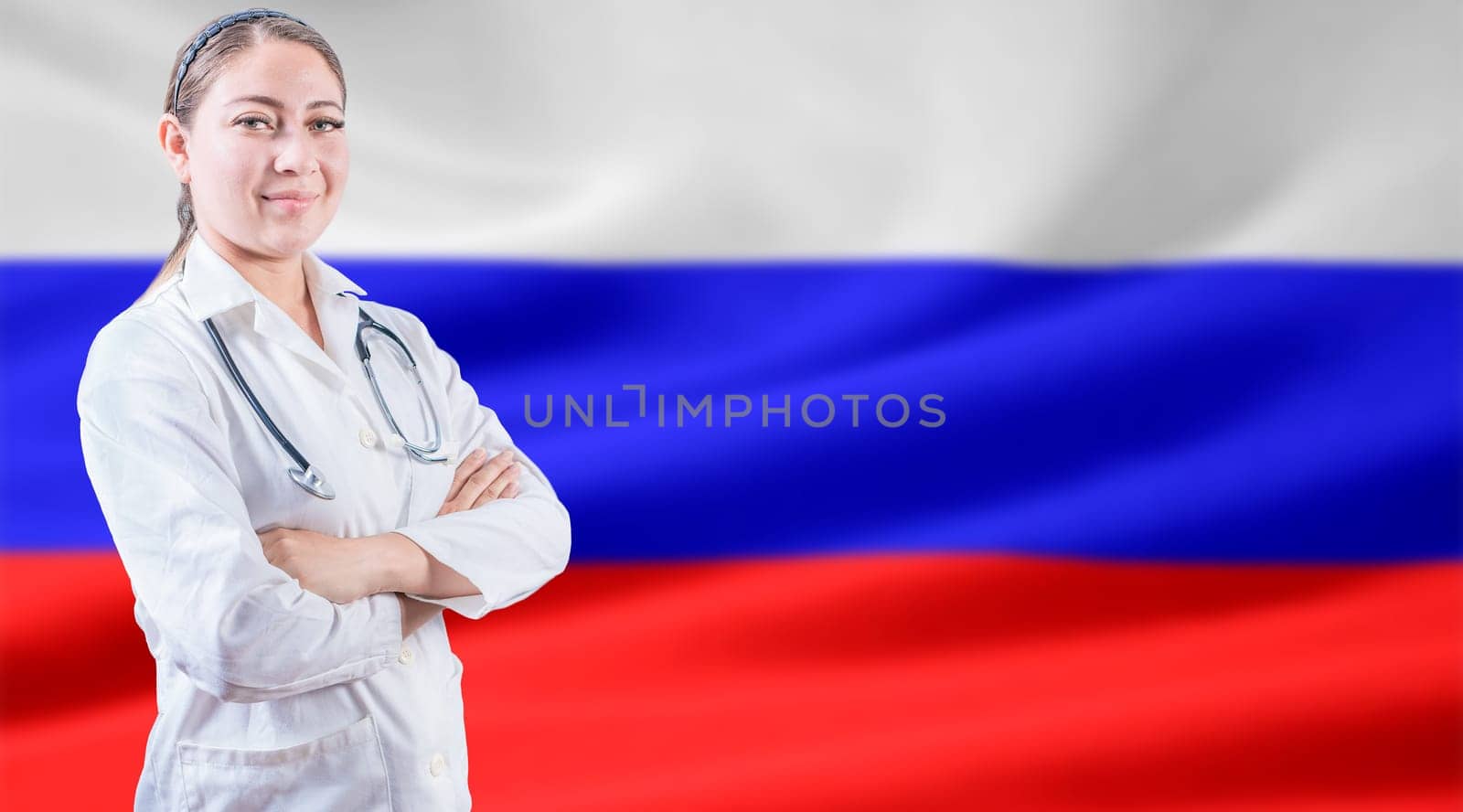 Doctor with crossed arms on flag of Russian Federation. Doctor with stethoscope on Russian flag. Russian health and care concept