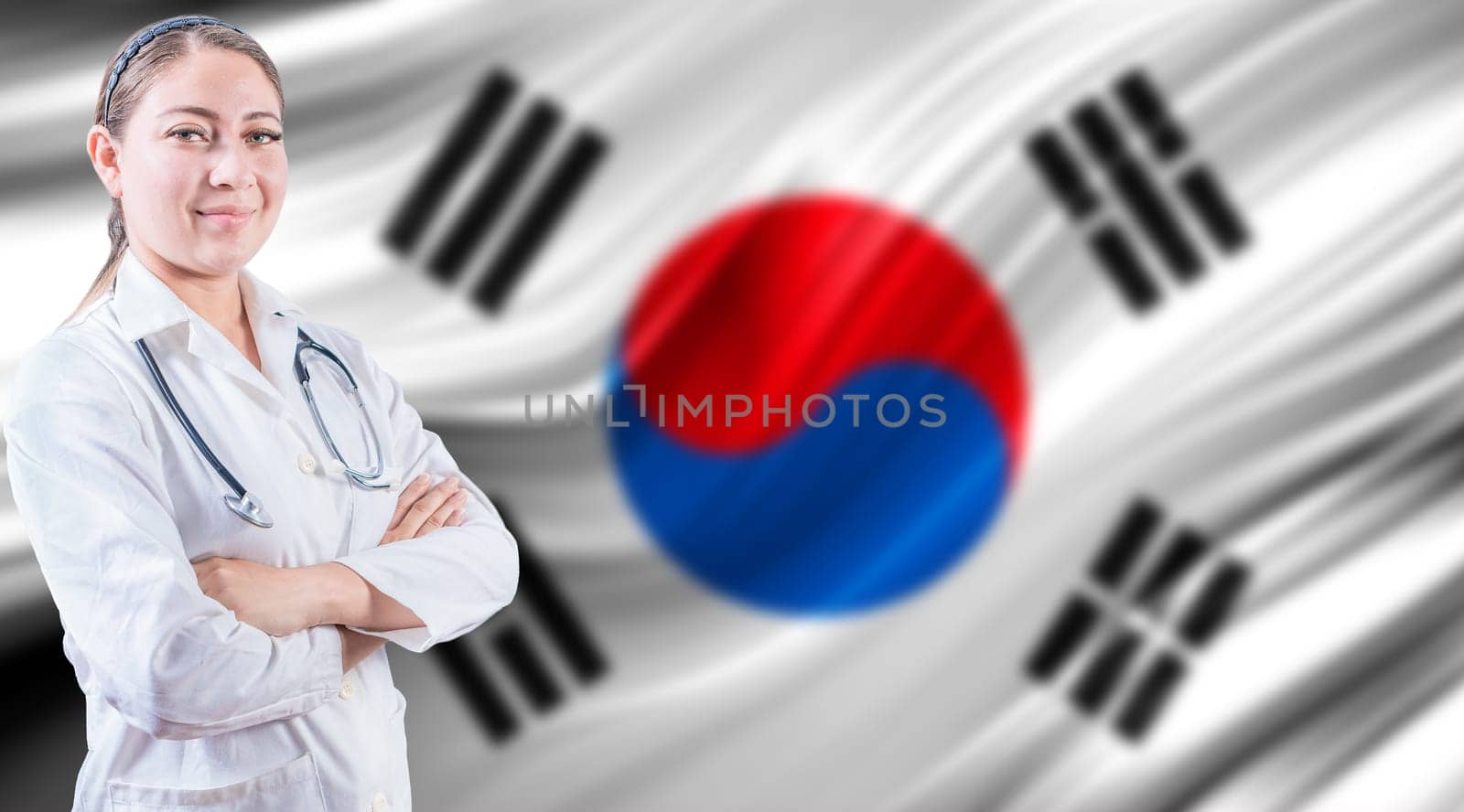 Doctor with crossed arms on South Korean flag. Doctor with stethoscope on South Korean flag. Medical health and care on South Korean flag