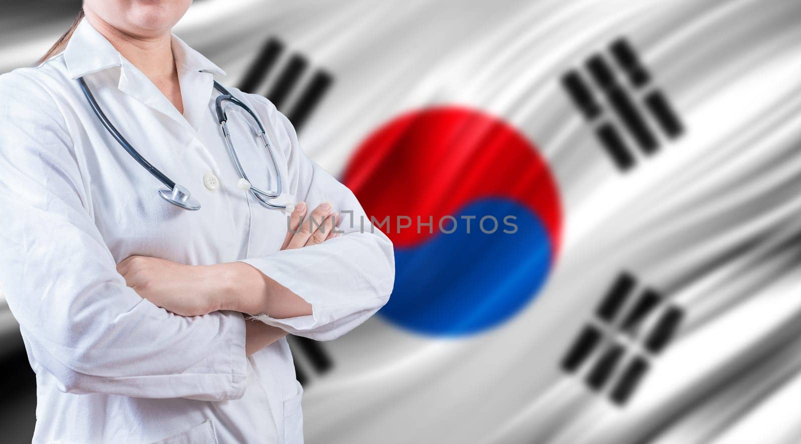 Doctor with stethoscope on South Korean flag. Health and care on South Korean flag. Doctor with crossed arms on South Korean flag