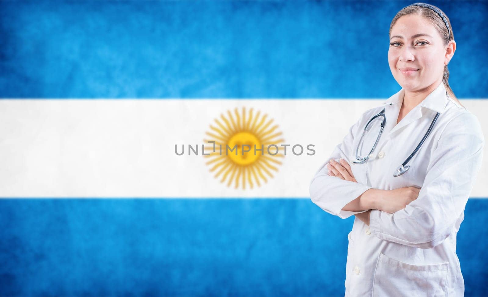 Doctor with arms crossed on Argentina flag background. Doctor with stethoscope on Argentine flag. Argentine Health and Care concept