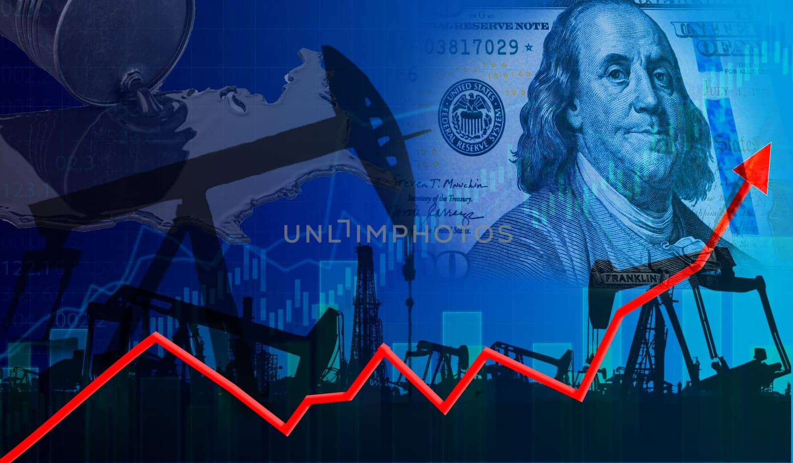 Rise in gasoline prices on financial graph with oil pumps. Oil price rise on financial graph, concept