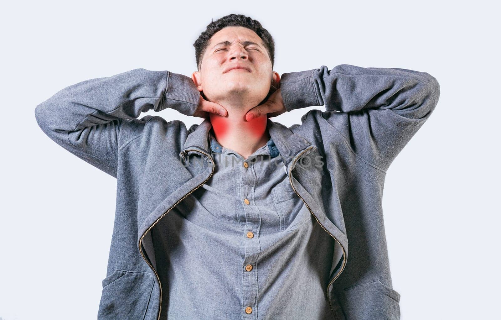Person with neck pain isolated. Guy suffering with neck pain. Neck pain and stress concept