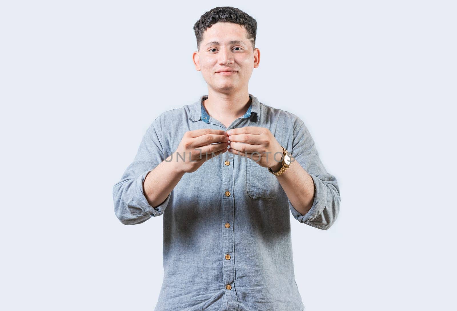 Person gesturing MORE in sign language isolated. Gesticulation of MORE in sign language. Deaf and dumb man gesturing MORE in sign language