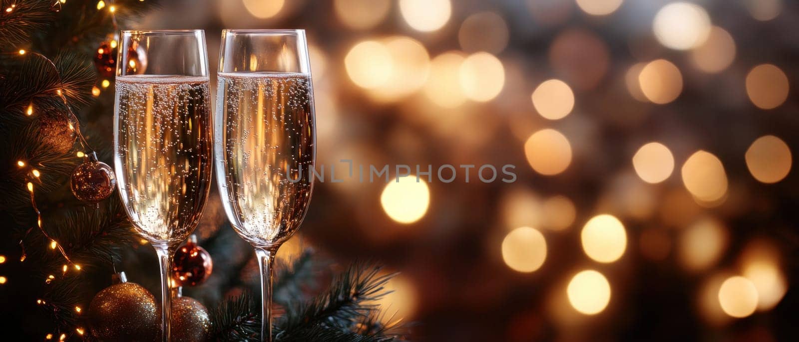 Two champagne glasses filled with bubbly sit beside a festive tree sparkling lights creating a joyful atmosphere for the celebration.