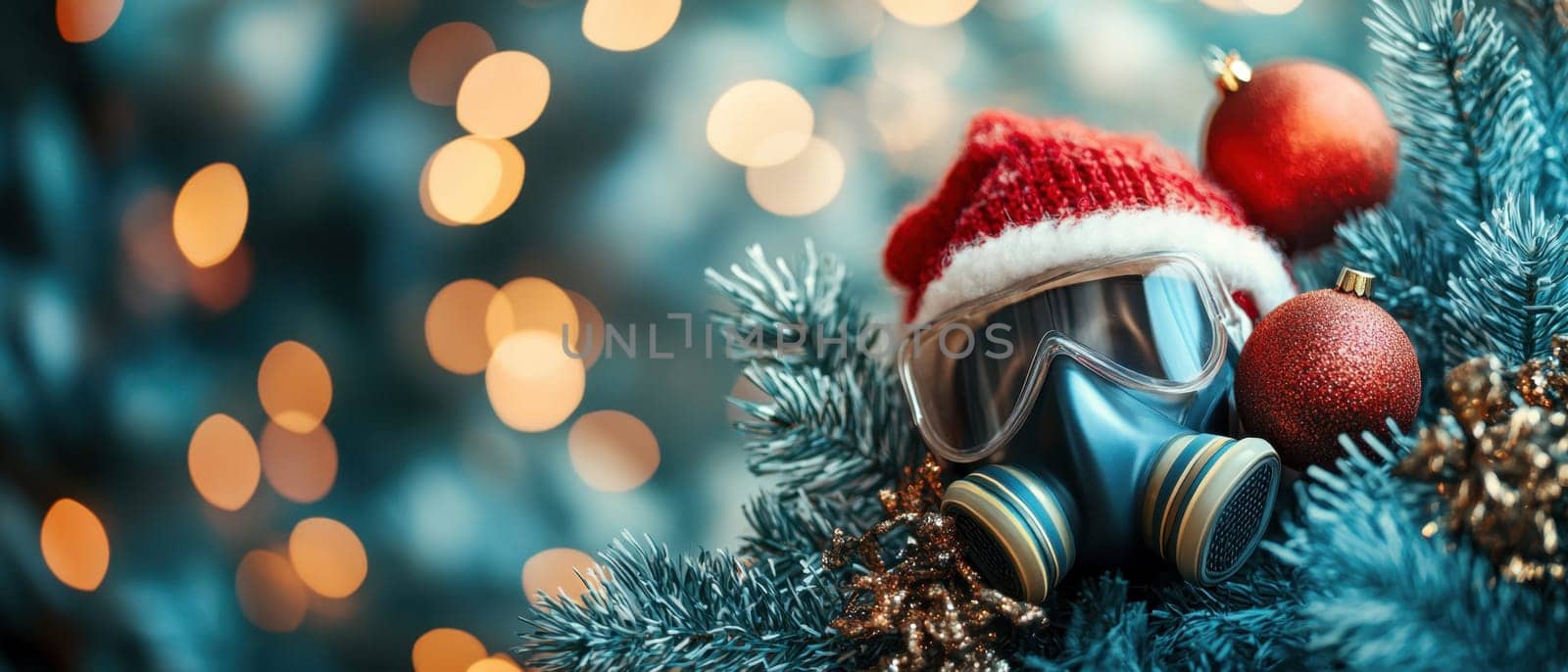 A colorful gas mask wearing a Santa hat rests on a holiday tree adorned with ornaments creating a unique and festive atmosphere.
