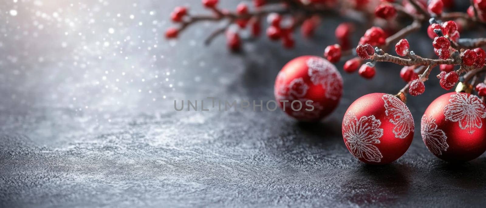 Bright red ornaments rest beside winter branches creating a cozy holiday atmosphere perfect for seasonal celebrations and decorations.