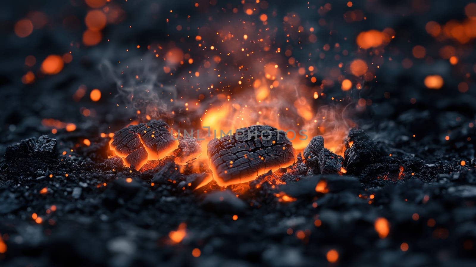 Glowing Embers, Close up of Burning Charcoal with Sparks and Smoke