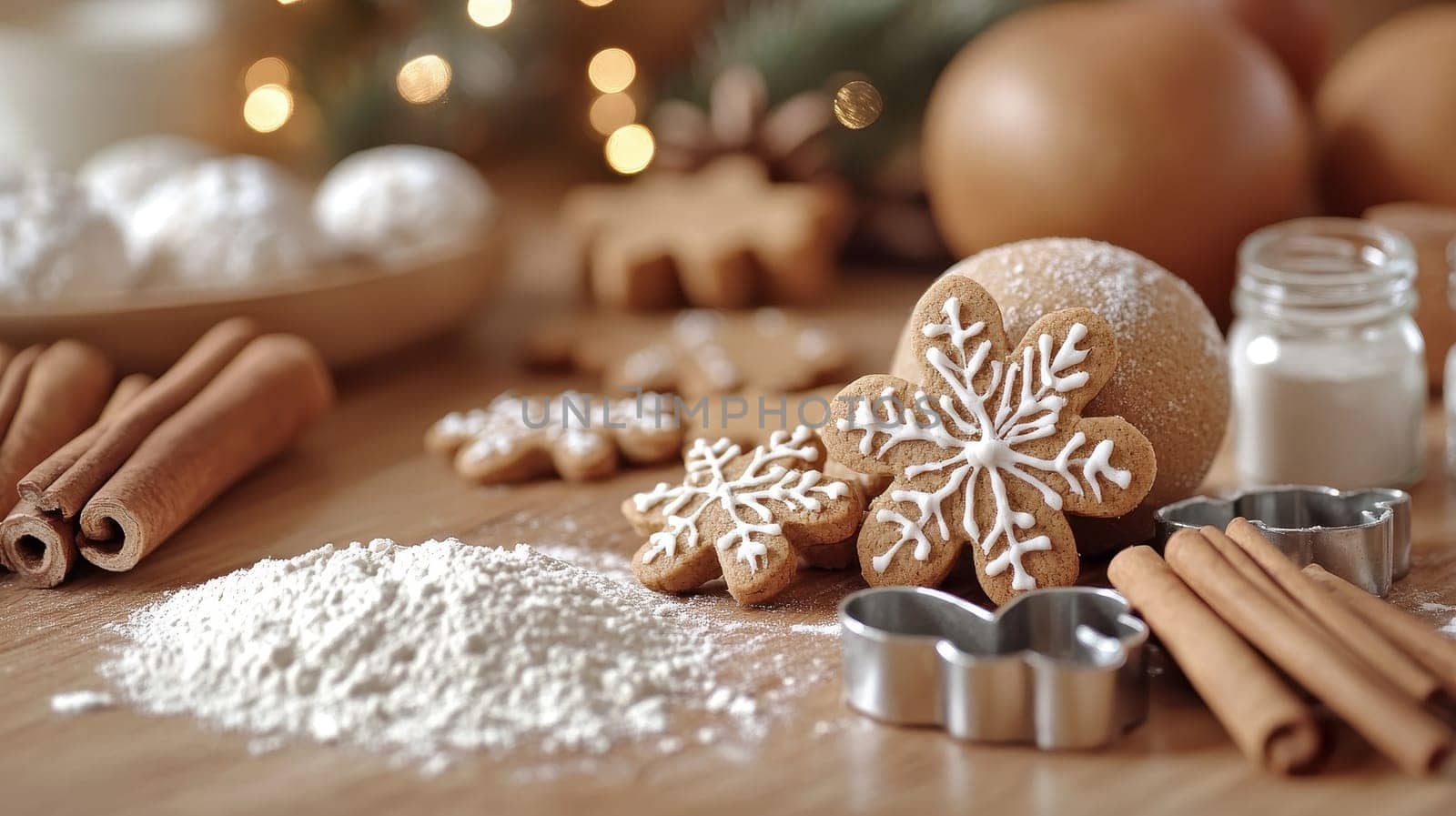 Christmas Baking Scene, Gingerbread Cookies, Flour, and Cinnamon Sticks