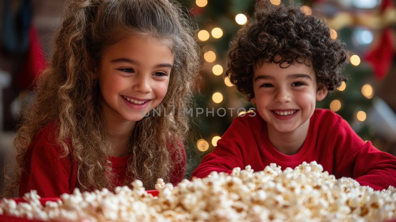 Two children enjoying popcorn together during the holiday season, surrounded by festive decorations and a warm atmosphere