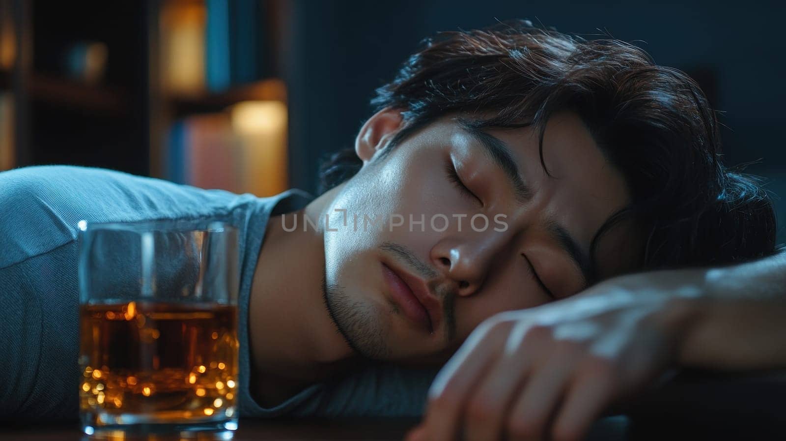 Young Man Passed Out Drunk with a Glass of Whiskey. Alcoholism, Addiction, and Unhealthy Lifestyle Concept
