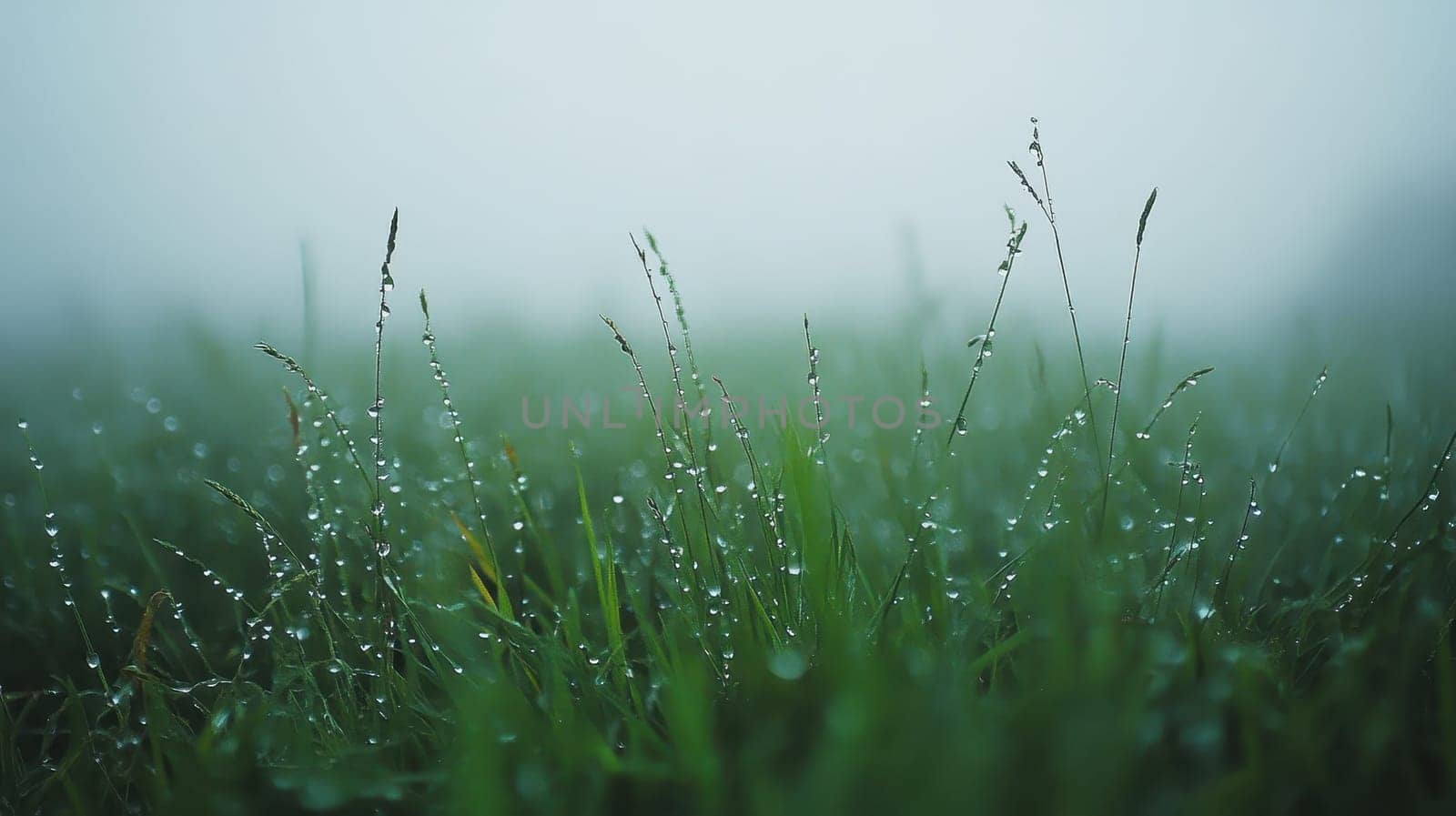 Dewdrops on Grass in Foggy Meadow, Serene Morning Nature Scene