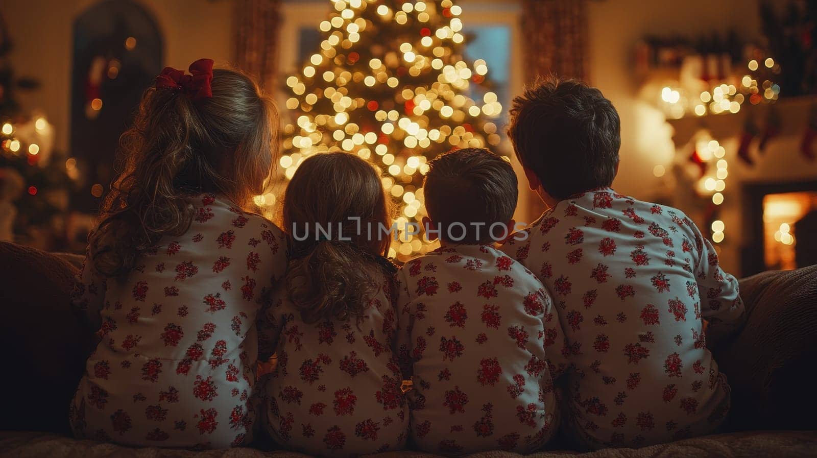 Four children in red Christmas pajamas looking at decorated Christmas tree lights on Christmas Eve. Concept of Christmas magic, winter holidays, childhood, family time, anticipation, and joy.