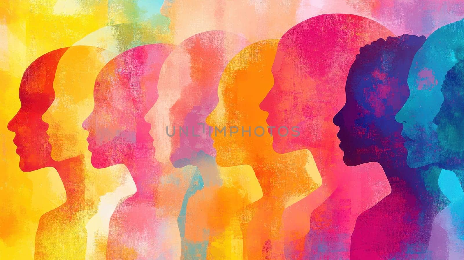 Diverse People Profiles, Watercolor Silhouette Background