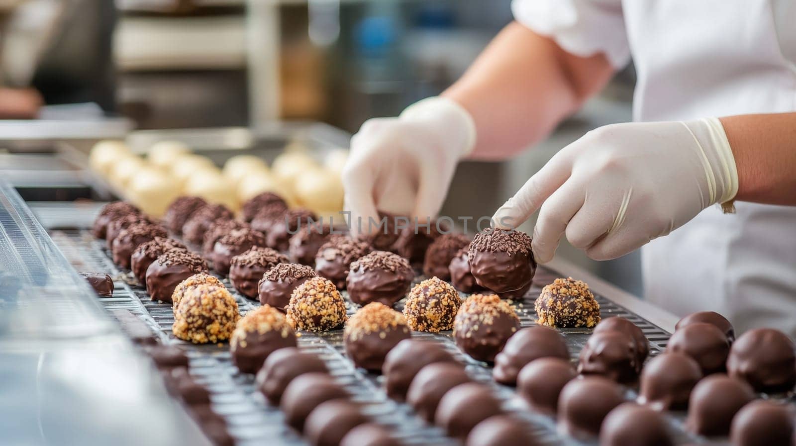 Confectioner Making Chocolate Truffles, Close up of hands arranging delicious sweets on a cooling rack in a bakery or candy factory.