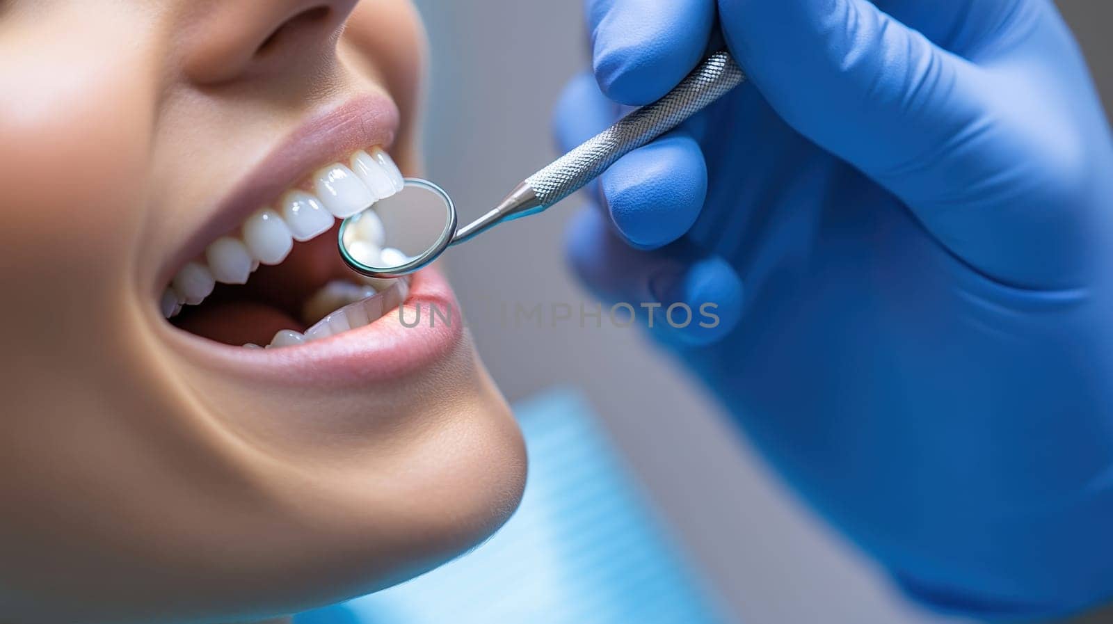 Close up of Dentist Examining Patient Teeth with Dental Mirror