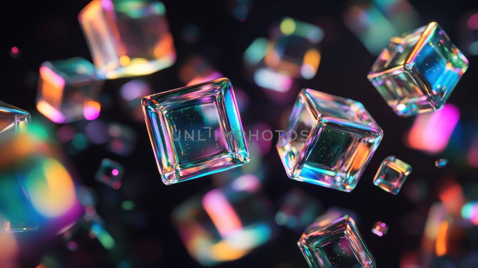 3D Render of Floating Glass Cubes with Iridescent Colors on Dark Background
