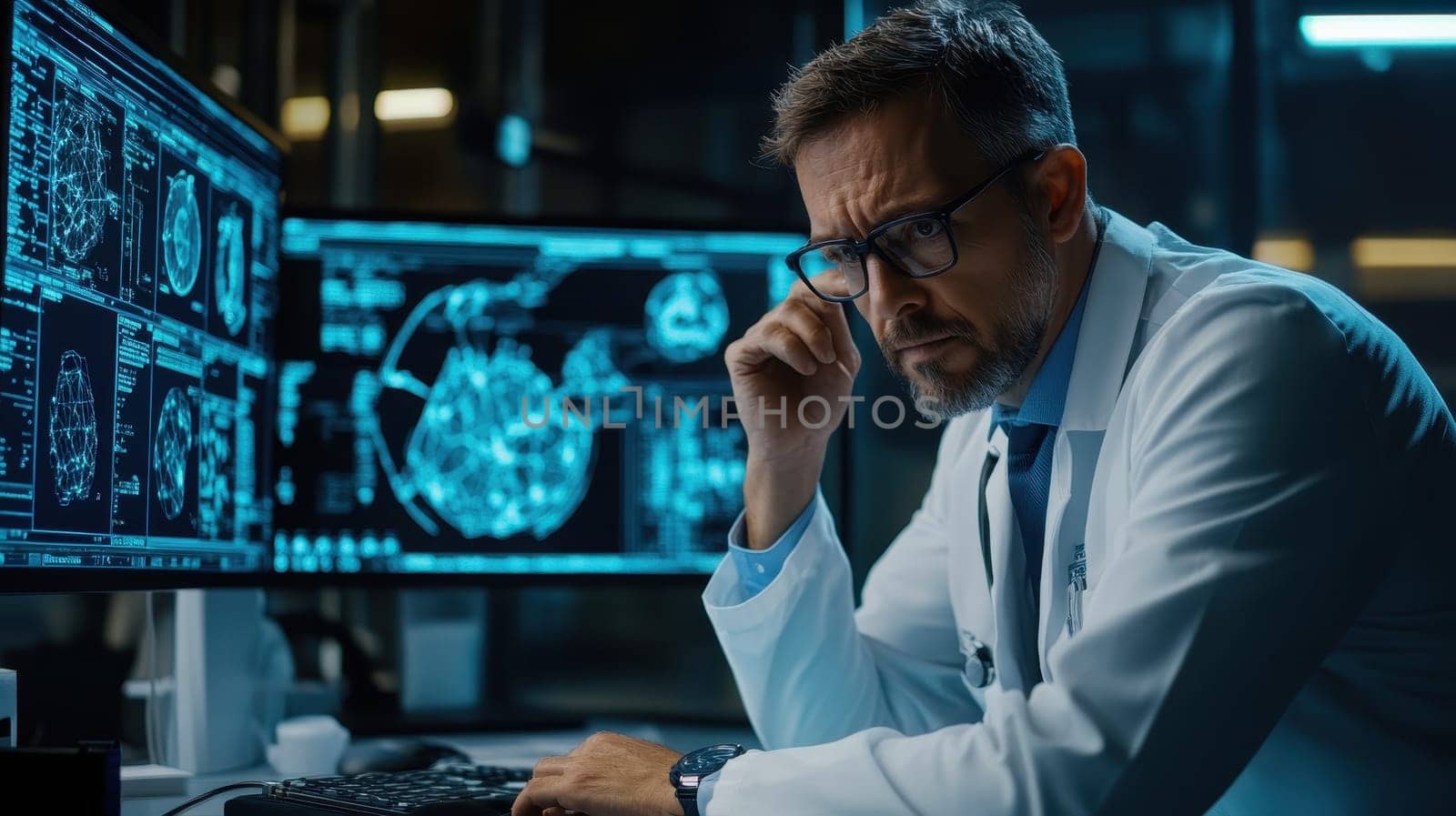 Serious Medical Scientist Working on Computer in Laboratory. Research and Development Concept