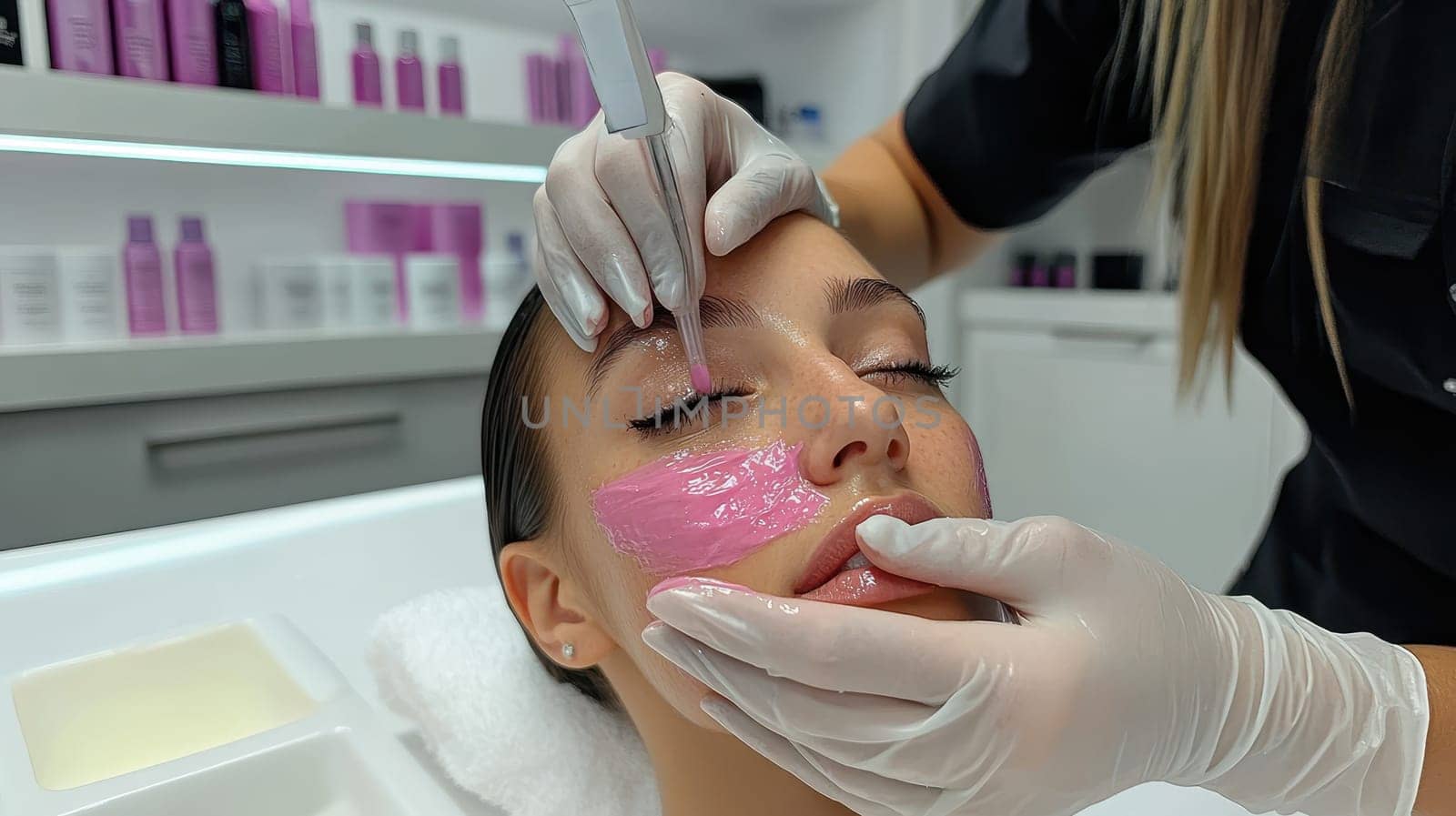 Beautician Applying Pink Peel Off Mask on Woman Face in Salon