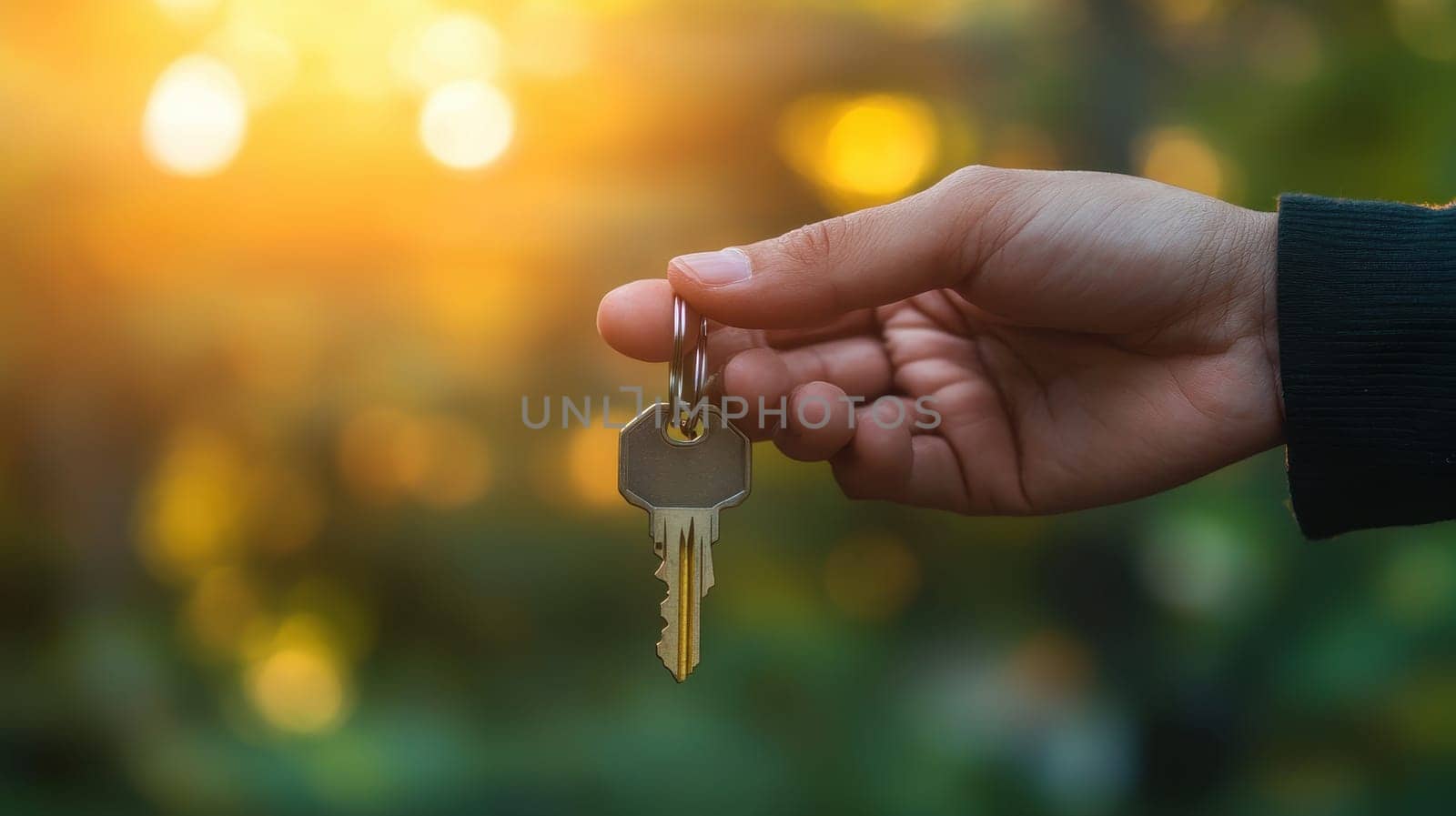 Hand holding house keys with bokeh sunset background. Concept of new home, real estate, property purchase, investment, and mortgage.