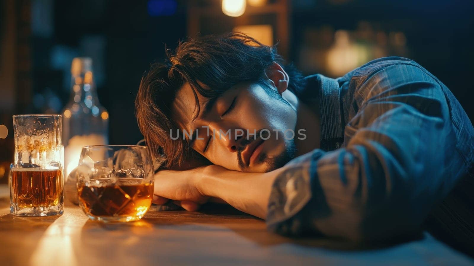 Drunk Man Asleep at Bar with Whiskey, Alcoholism Concept
