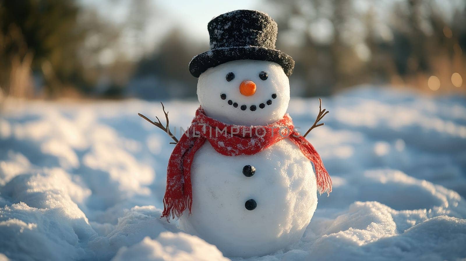 Snowman with red scarf and black hat. Winter snowman in snowy landscape. Christmas and New Year concept.
