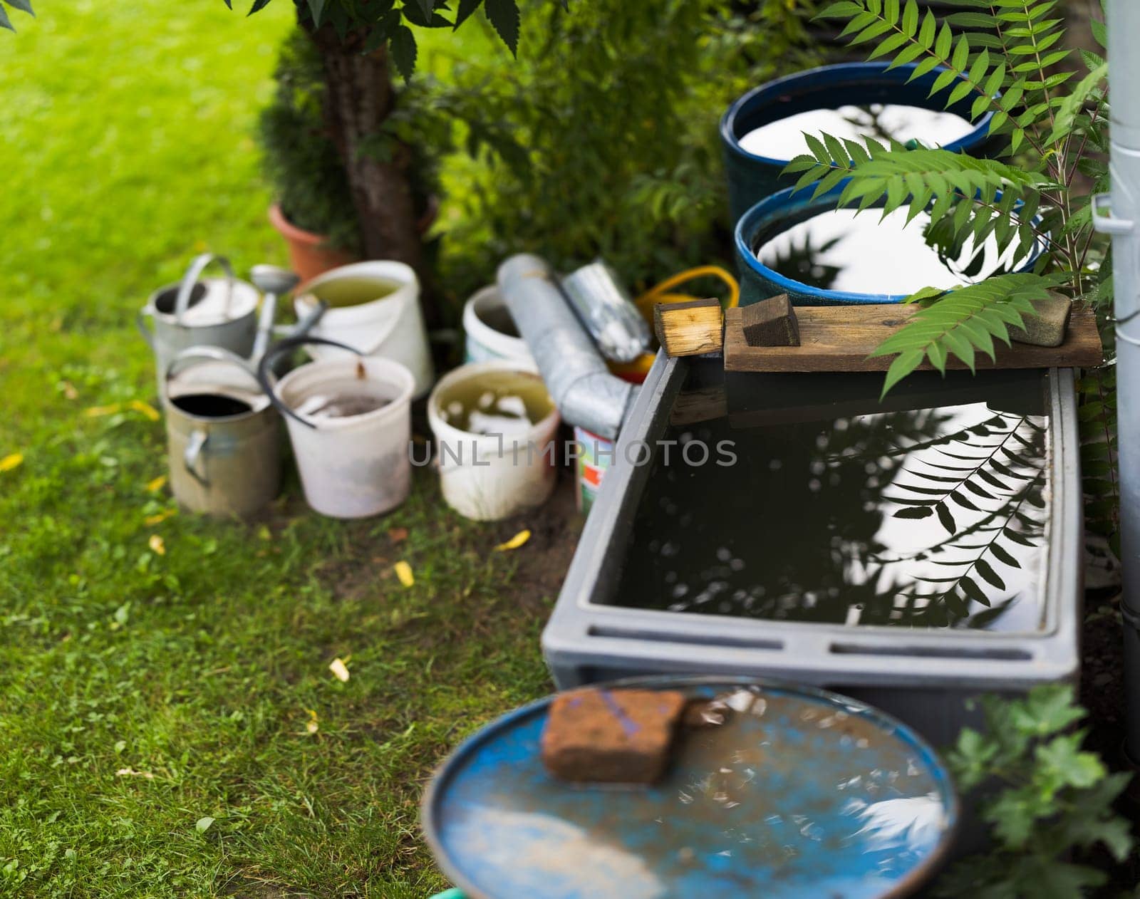 Plastic container rainwater recuperator in a garden