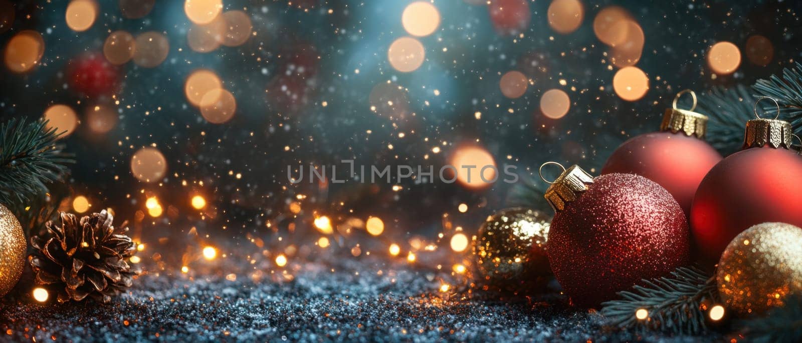 Colorful ornaments and twinkling lights adorn a snowy surface creating a cozy holiday atmosphere during the festive season.