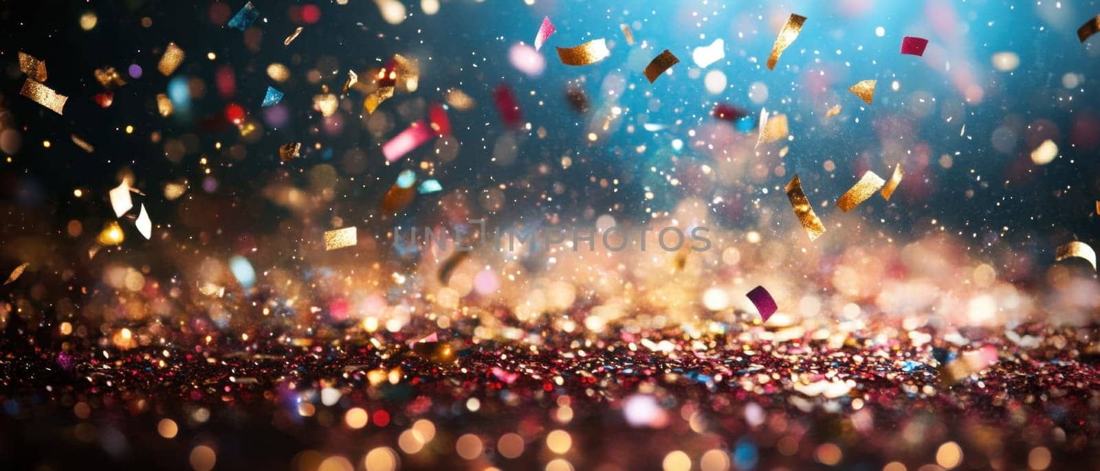 Confetti in various colors cascades down onto a glittering illuminated surface during a festive occasion creating a lively atmosphere.
