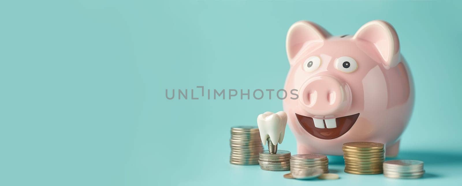 Tooth on a pile of coins, piggy bank, medical care and insurance, saving money for dental treatment, fillings, dentures and prostheses